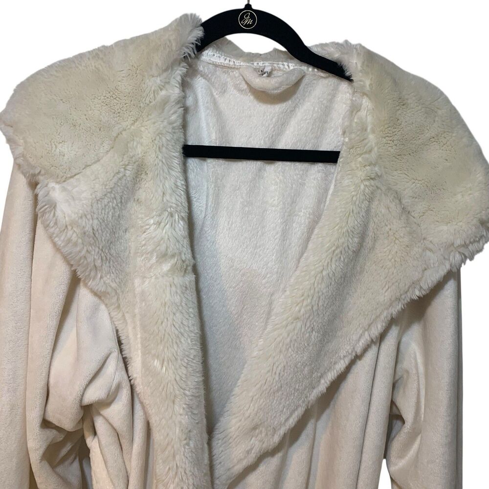 Pottery Barn Cream Faux Fur Lined Hooded Loungewear Robe XL Cozy Warm Comfort - Picture 2 of 10